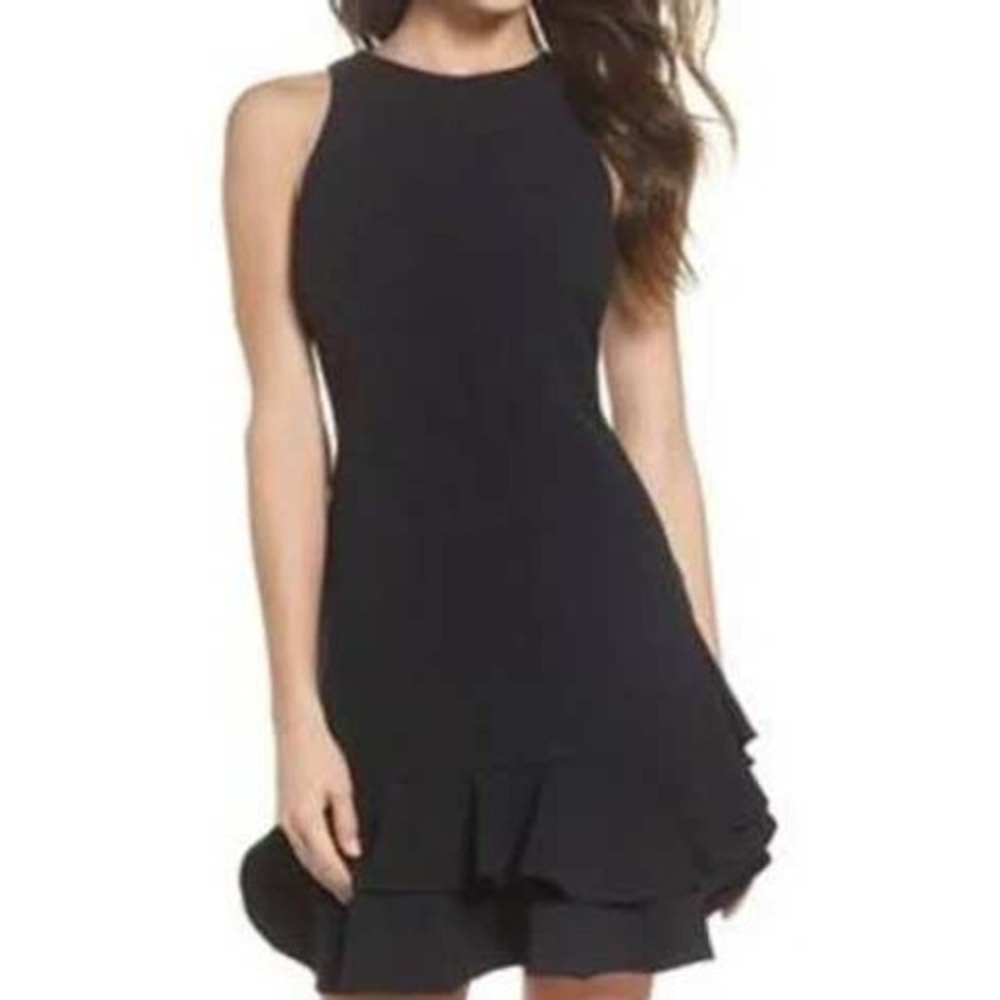Chelsea28 Size 10 Shift Dress Black Ruffle Tiered Hem Gold Zipper Cocktail Event